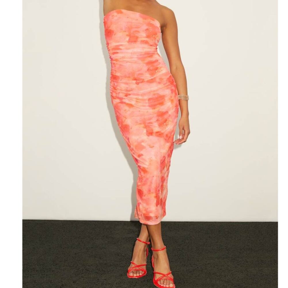 NEW Lulus Late Night Crush Orange Watercolor Mesh Ruched Strapless Midi Dress
